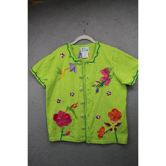 Quaker Factory Lime Green Embroidered Beaded Sweater-Large-Button Up-Birds - Picture 1 of 15